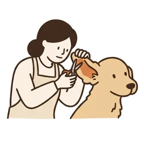 ワンちゃんの耳をみるトリマーさん